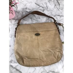 VINTAGE AUTHENTIC Fossil Unisex Leather brown Fold shoulder Bag Key Charm 13"x13